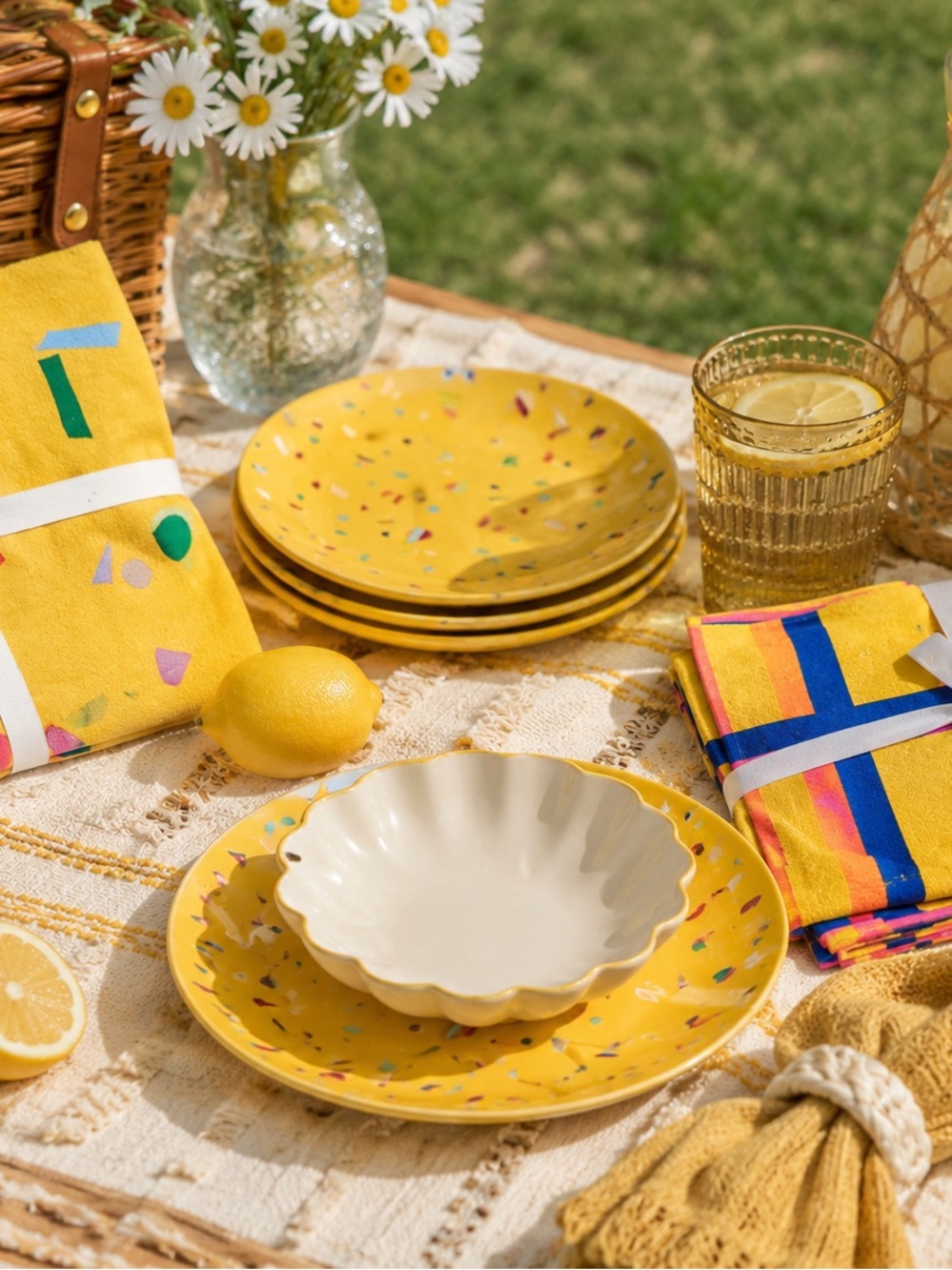 NWT Opalhouse Summer Picnic Bundle Yellow Confetti Plates & Flour Sack Towels